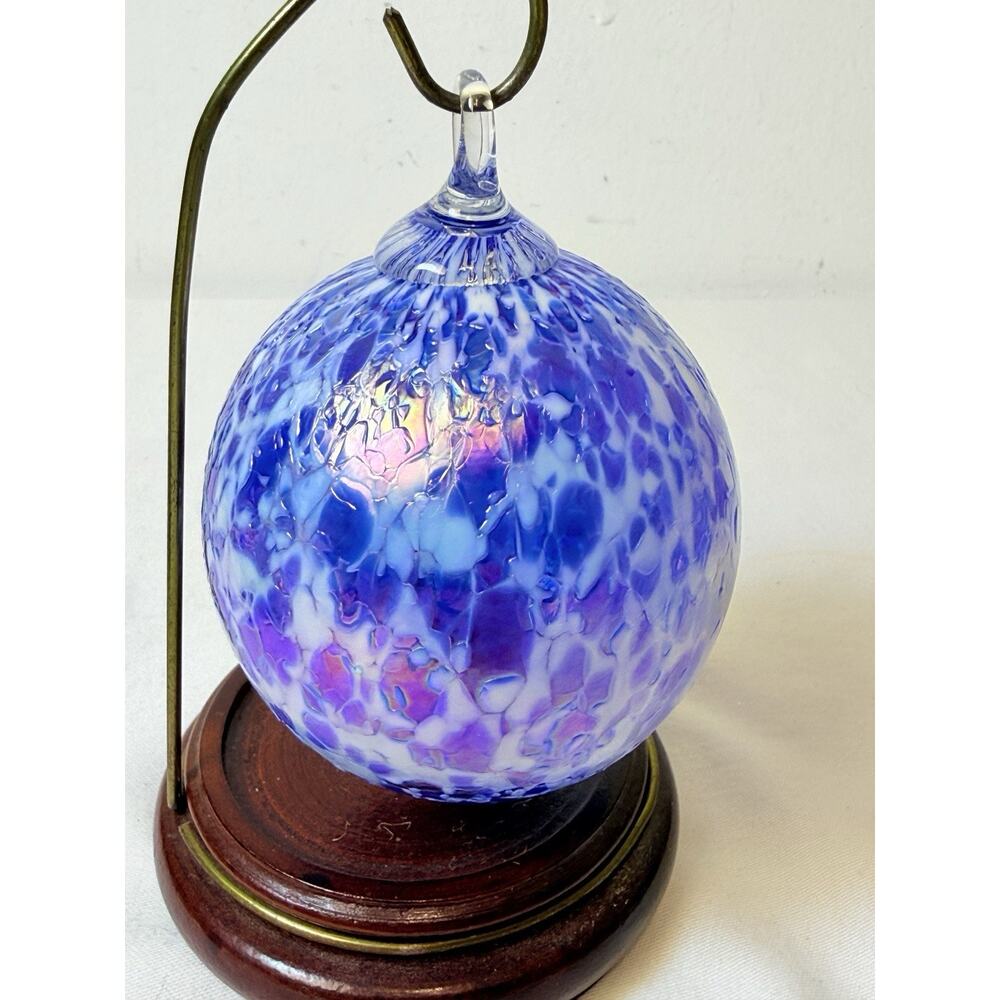 Hand Blown Iridescent Blue And White Speckled Glass Ornament - Picture 2 of 6